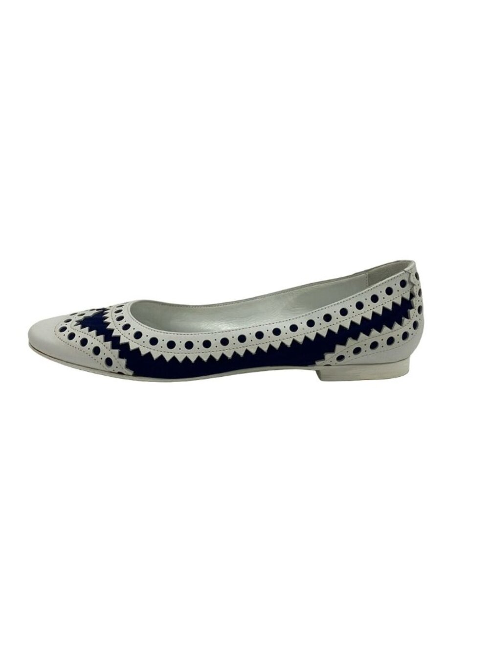Hermes Flat Shoes White Navy Perforated Cotton Leather